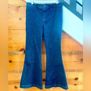 Spanx Flare Leg Pull On Jeans, XL, Tummy Control Raw Indigo Front Seams Boot Cut